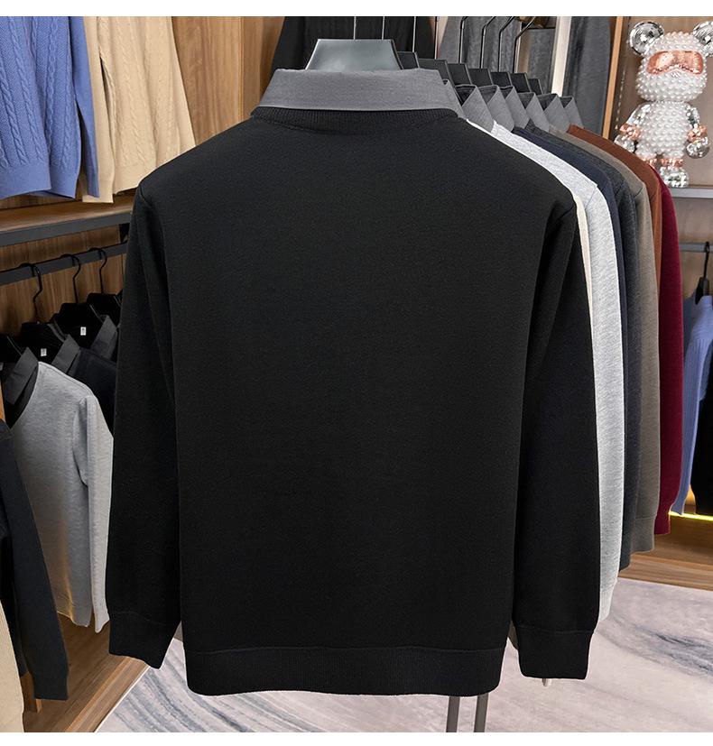 Men's Two-in-One Fleece-Lined Knit Sweater with Shirt Collar for Autumn/Winter
