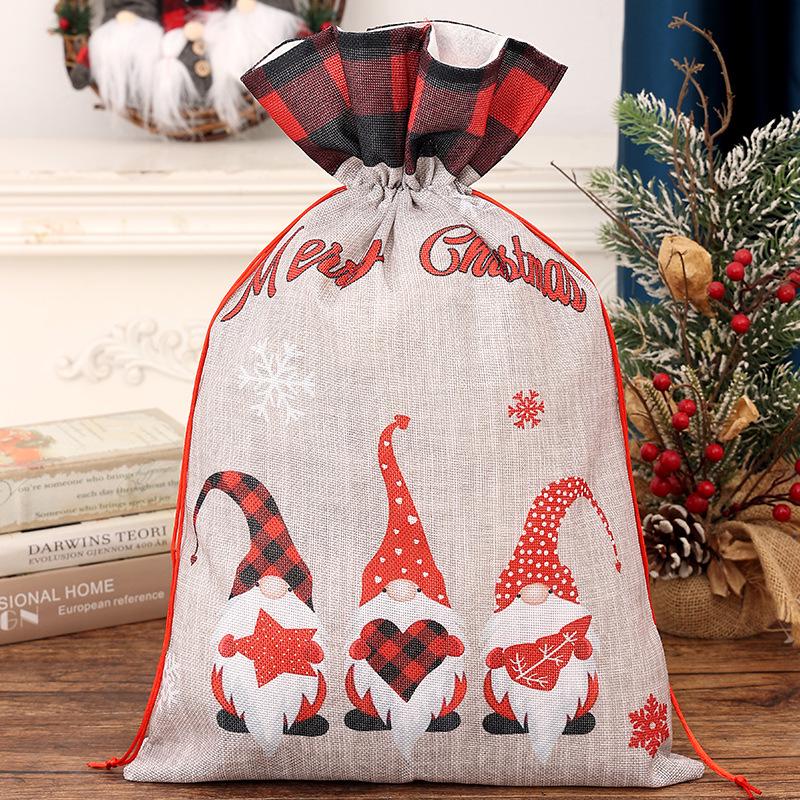 Plaid-Edged Burlap Christmas Gift Bag with Cartoon Forest Old Man Design