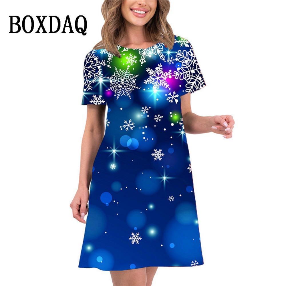 2026 new summer women's elegant christmas tree print mini dress short-sleeved loose casual beach sweet dress