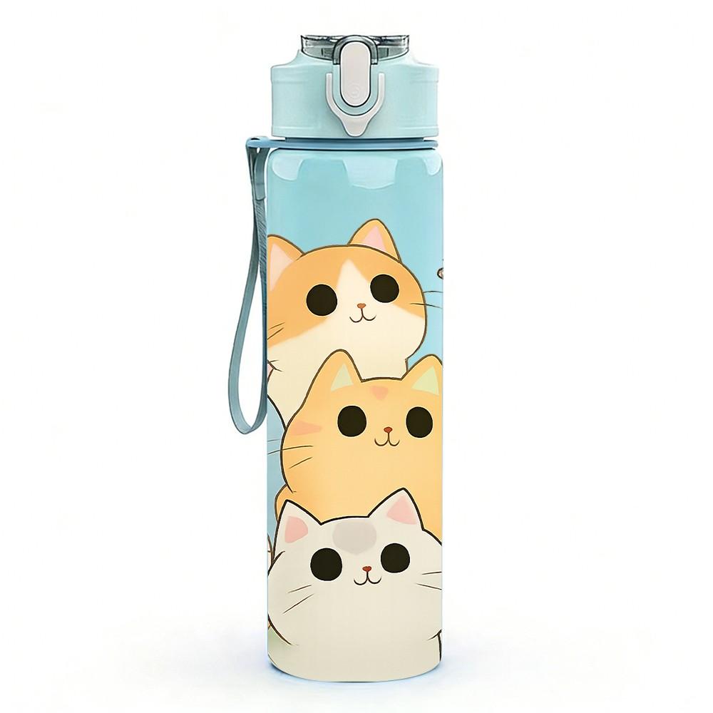1PC Multi Breed Cat Face Cartoon Group Print 750ml Color Plastic Sports Water Bottle Leakproof Flip Straw Lid Suitable for Sports Office Home Use