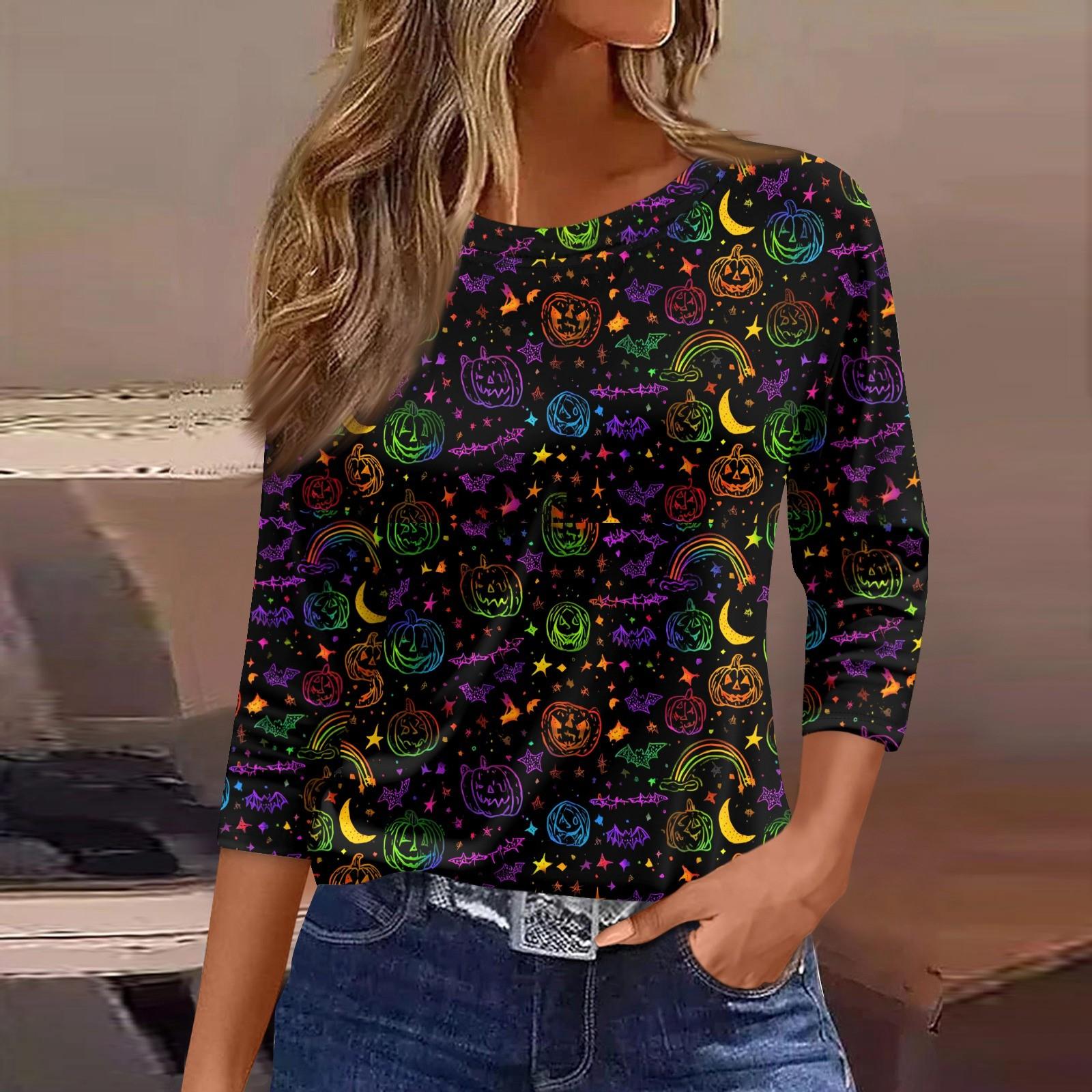 

Women s Fashion Casual Round Neck 3/4 Sleeve Loose Printed T-Shirt Ladies Top L чорний