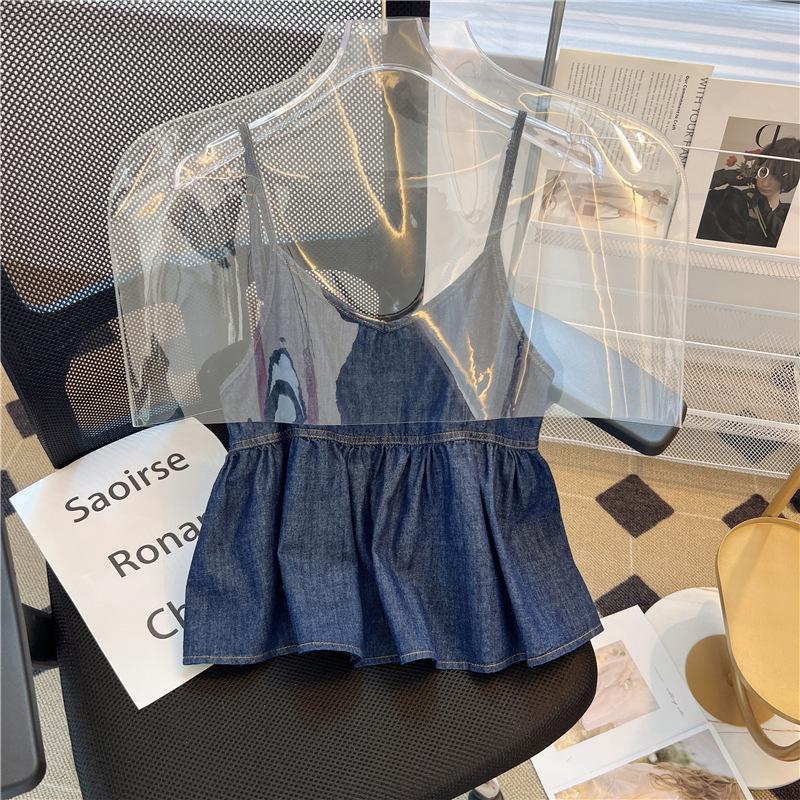 Ruffled Hem Ruched Denim Vest, Sleeveless V-Neck Camisole for Women