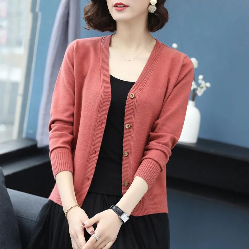 Female spring Short Knitted Jacket Loose V-Tie Buckle Cardigan Sweater