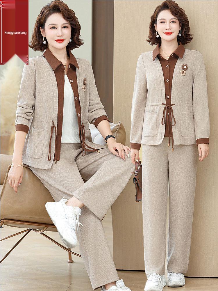 Hengyuanxiang Women's Two-Piece Spring & Autumn Fashion Set 2025 - Stylish Top for Middle-Aged and Elderly