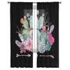 Black Background Cactus Tulle Curtains Balcony Room Fashion Printed Sheer Curtain Living Room Window Modern Decor