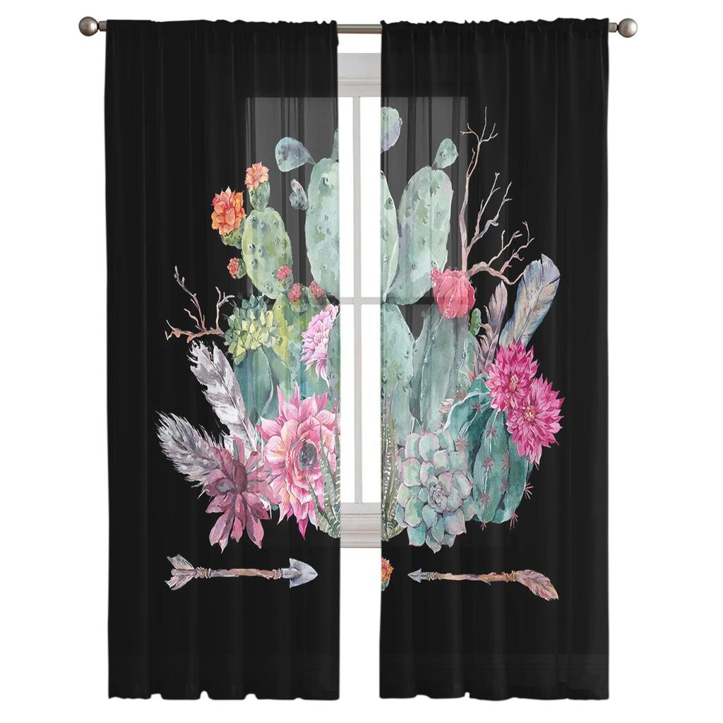 Black Background Cactus Tulle Curtains Balcony Room Fashion Printed Sheer Curtain Living Room Window Modern Decor