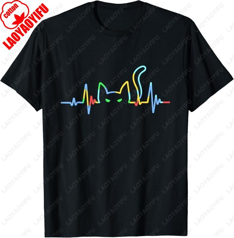Funny Heartbeat Cat Lover Animal Silhouette Cute Printed Unisex Adult Cotton TShirt Creative Trend Casual Simple Man Camisetas