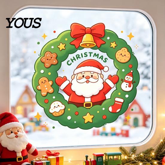 Seasonal Window Murals Christmas Santa Claus Wreath Cling, Cartoon Static Sticker, PVC Clings Waterproof Glass Decal for Home Holiday Party And