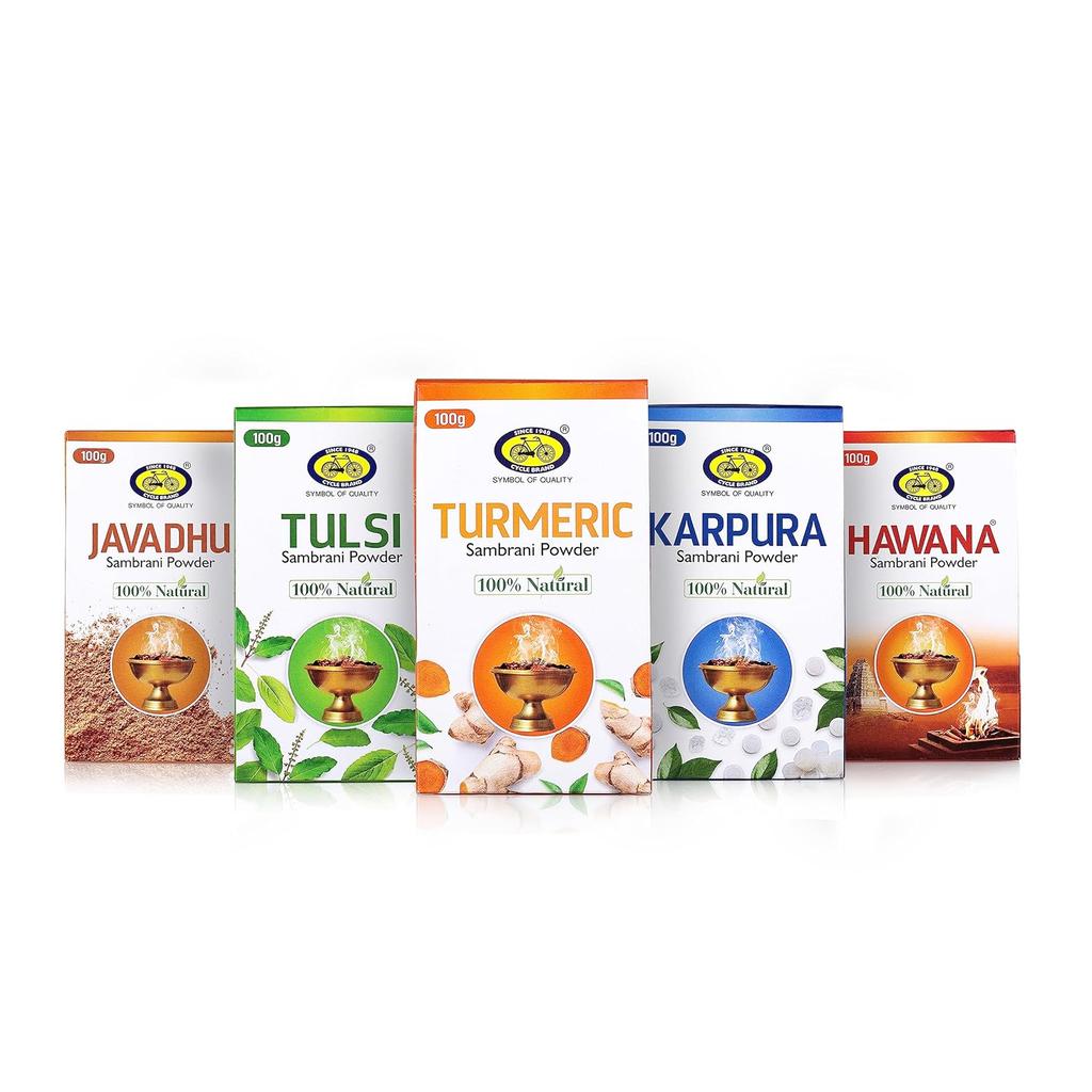 Cycle Pure Sambrani Powder Original 100 GM Pack of 5 Turmeric, Tulsi, Javadhu, Hawana, Karpura for Daily Puja & Festive Ceremonies