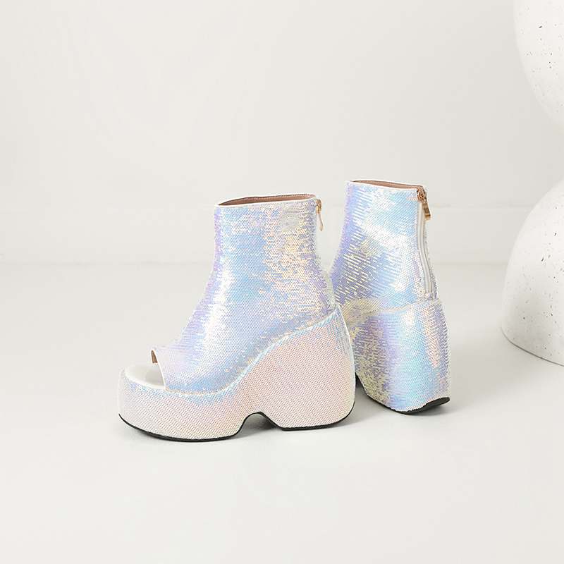 Krazing Pot Sequin Cloth Spring Summer Size 43 Size 42 Women Platform Women Peep Toe Toe Sexy Summer Boots Zipper Thick Bottom Pumps