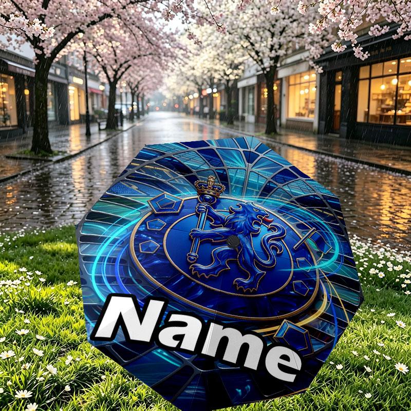 Custom Name Personalized Chelsea Football Club Print Umbrella, Auto Open Close, 8‑Rib Sturdy Frame, Commute Camping Hiking Use, Birthday Gift