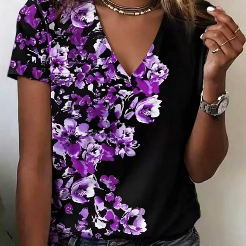 Summer Ladies 3D Printed V-Neck T-Shirt Fashion Versatile Breathable Trend Casual