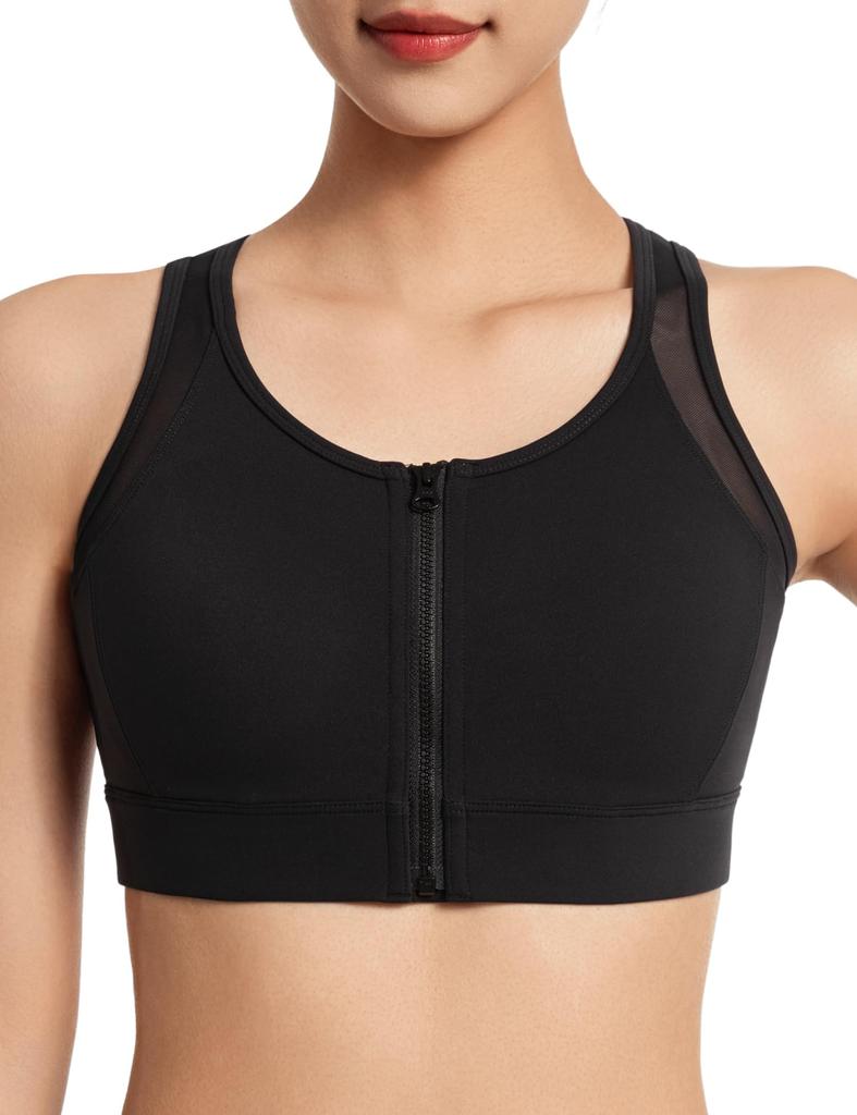 Yvette Sports High Plus Size for Gym and Size 3XL Black Women's Non-Slip Bra, Front-Opening, Support, Racerback, Sweat-Wicking, Quick-Drying,
