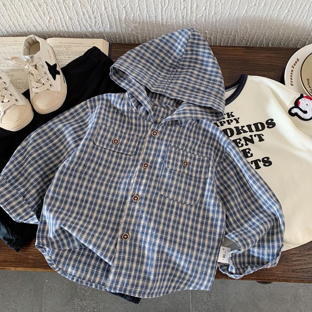 Kinderhemden Frühling Neu Koreanische Version Jungen Ausländischer Stil Kariert Mit Kapuze Herbst Jungen H0356