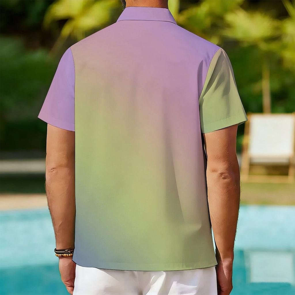 Women Short Sleeve Shirt Pink Green Blue Gradient Solid Lapel Button Up Top