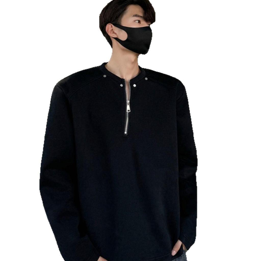 Black Half Zipper Deconstruction Design Shoulder Padded Sweater Men's Autumn and Winter American High Street Willow Nails Long-sleeved