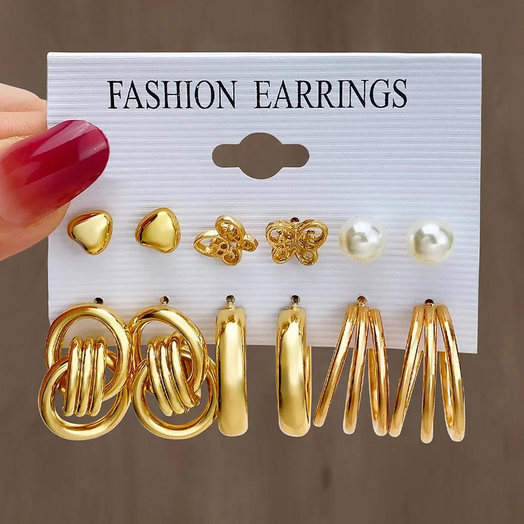 6 Pairs Boho Big Circle Hoop Earring Set for Women Gold Color Bohemia Vintage Zircon Zircon Gifts