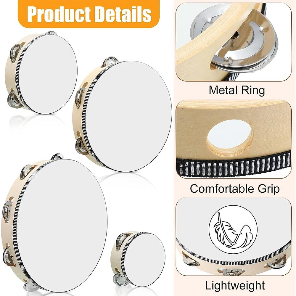 1Pc Wooden Tambourine 4/6/8/10-Inch Beige Rim with Metal Jingles Musical Educational Percussion Instrument for Concert Church Pa