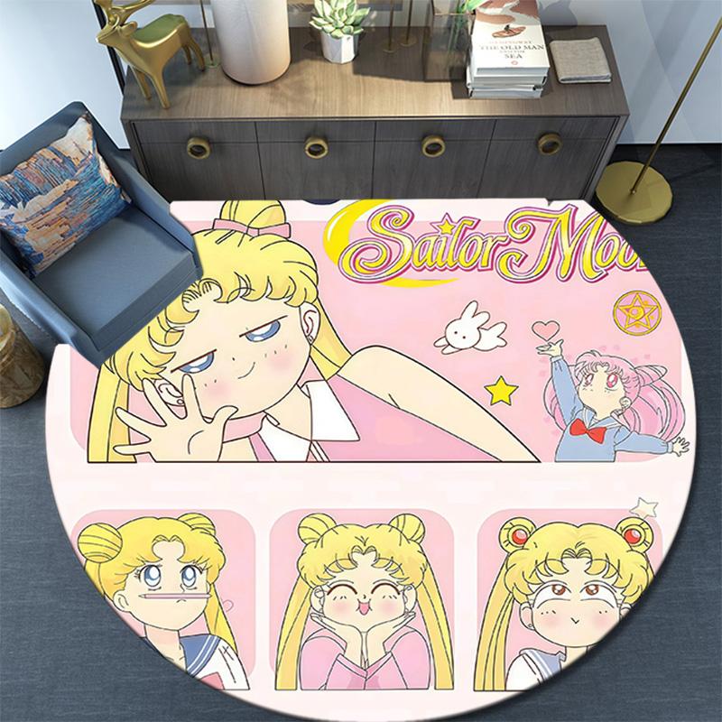 Sailor Moon Round Area Rug,Carpet Rug for Living Room Bedroom Sofa Playroom Decor,Non-slip Floor Mat
