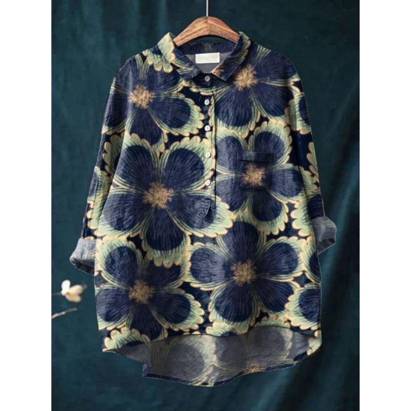 Tier Blumenmuster Bedruckte Hemden Hawaii Polyester Freizeit Langärmlig Damenblusen & Hemden
