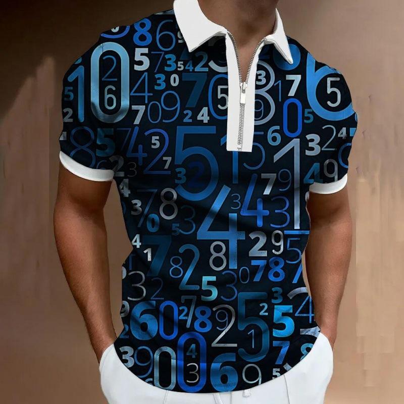 Trendy Chain Print Short Sleeve Polo Shirt, Zip Collar, Fashion Casual Top