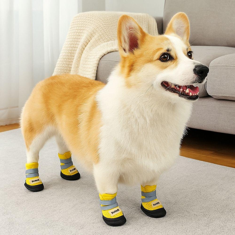 4Pcs/Set Breathable Dog Mesh Shoes Reflective Wear-resistant Anti-Slip Dog Boots Adjustable Dog Paw Protectors for Cats and Dogs
