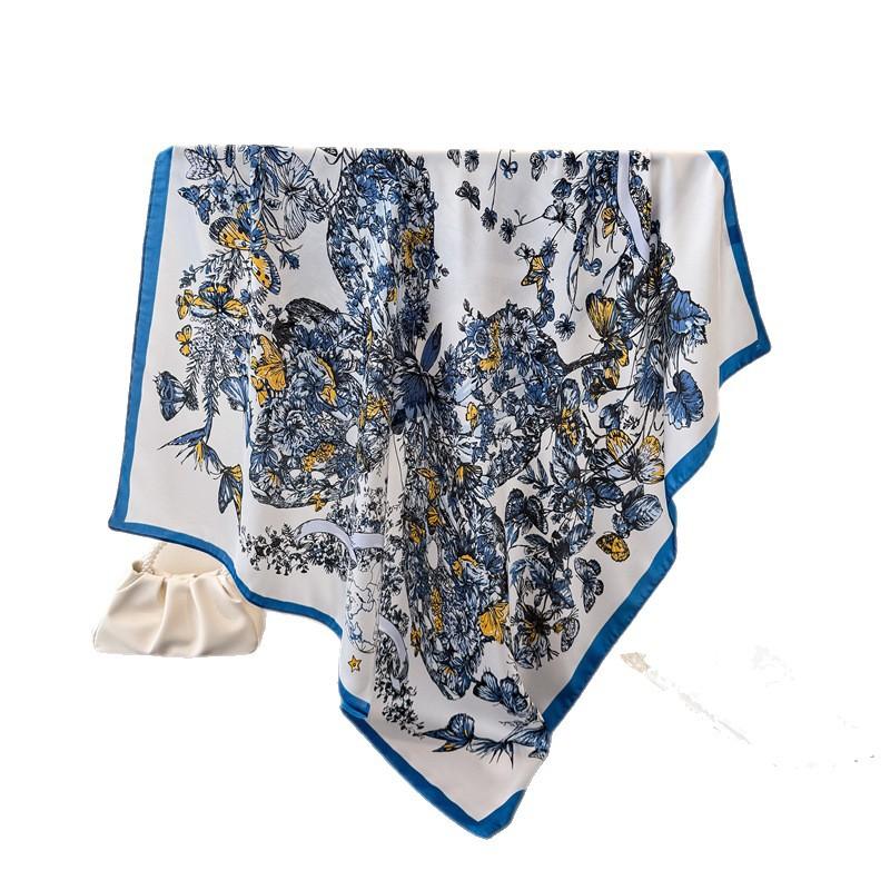 Butterfly Flower Simulation Silk High-End Printing Large Square Scarf Silk Scarf Shawl Headscarf Neck Protection Scarf Decorative Women'S Scarf
