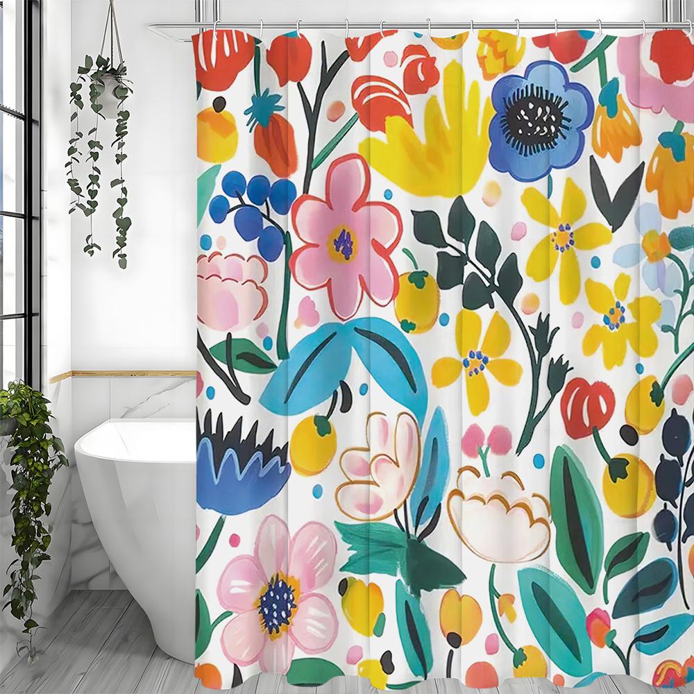 Colorful Flat Wind Floral Shower Curtain, Bathroom Decorative Shower Curtain, Waterproof Shower Curtain with Hooks