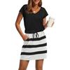 Women's V Neck Short Sleeve Casual Dress Slim Fit Drawstring Waist Pocket Tunic Dress
