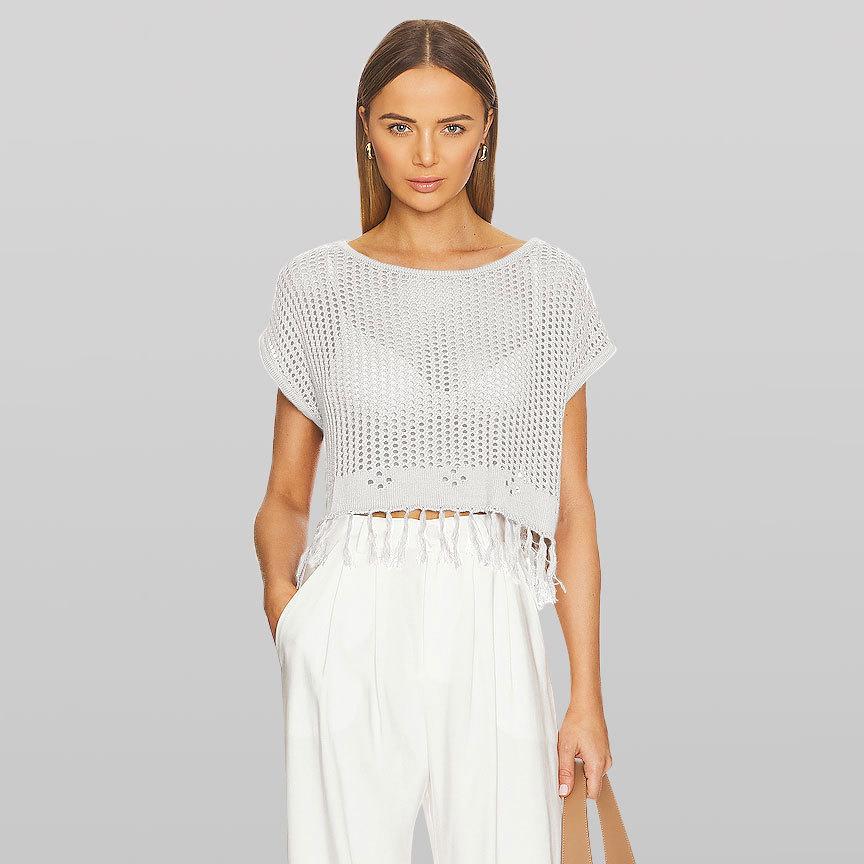 

Летняя однотонная футболка с короткими рукавами и пляжным трикотажным топом с круглым вырезом L белый