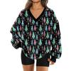 Women's Fashionable V-neck Christmas Printed Long Sleeved Casual Pullover Plush Warm Pocket Sweatshirt Top