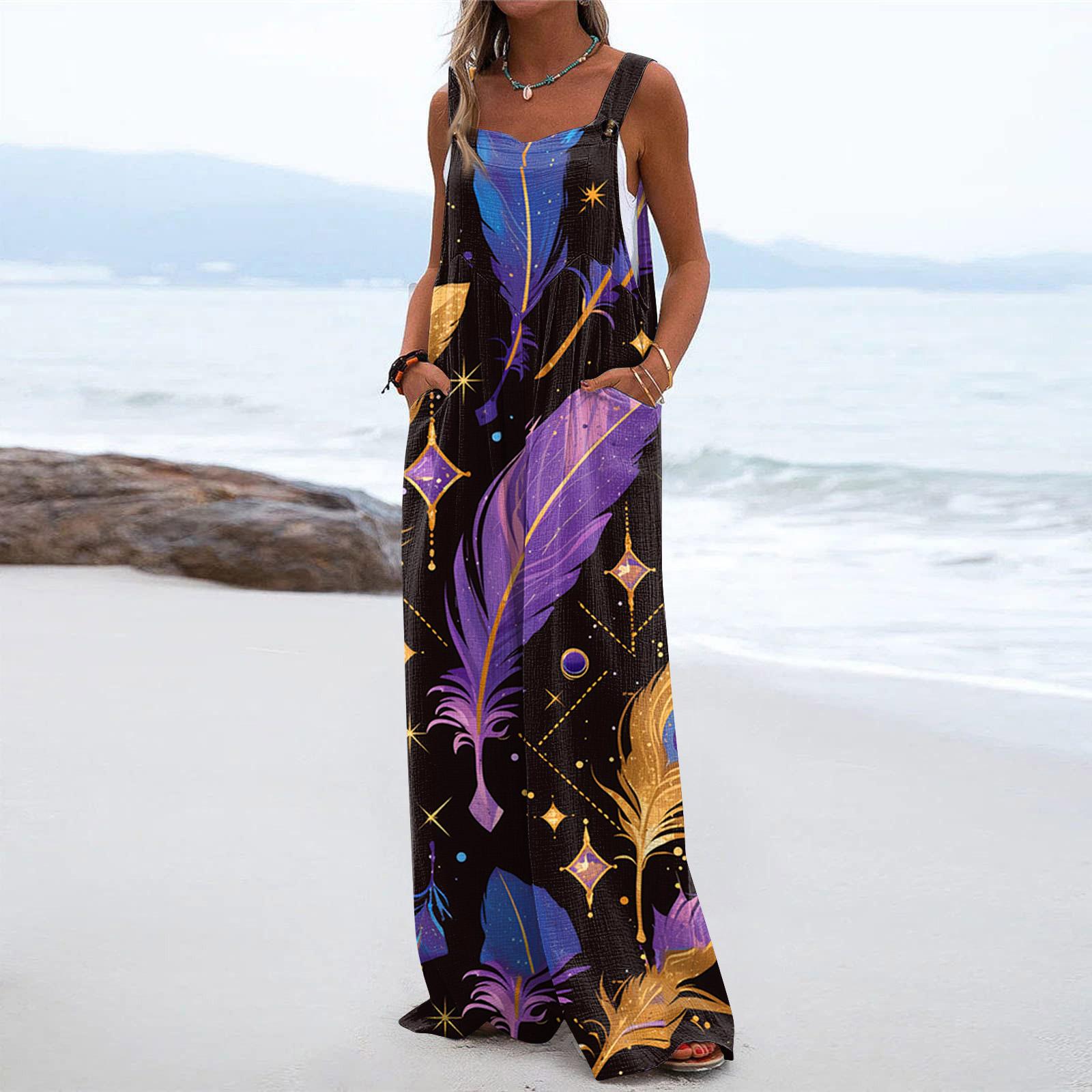 

Широкий комбинезон для женщин, повседневный свободный комбинезон без рукавов с принтом и пуговицами, длинные брюки, комбинезон с карманами M чёрный