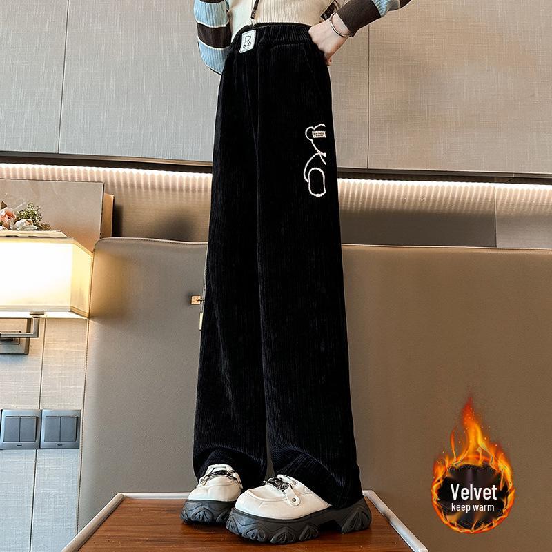 Girls' Fleece-Lined Cartoon Bear Wide-Leg Pants for Autumn/Winter