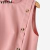 VONDA Women's Summer Round Neck Sleeveless Button Solid Color Casual Tank