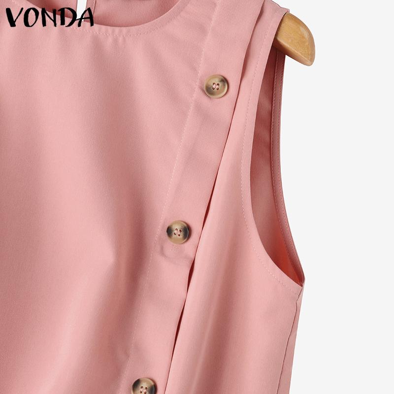 VONDA Women's Summer Round Neck Sleeveless Button Solid Color Casual Tank
