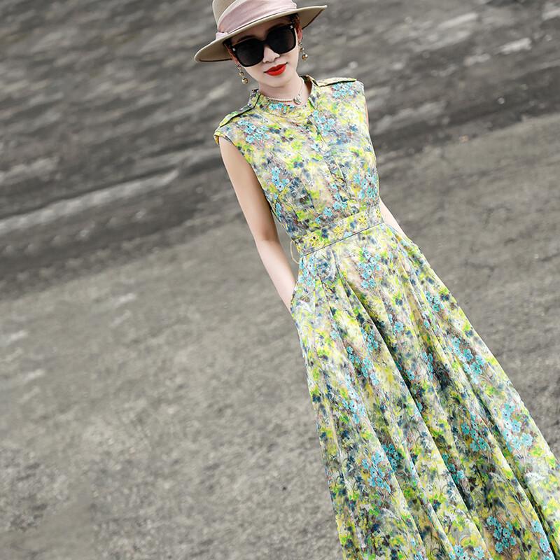 Lanser 2026 Summer French Floral Tie-Waist Sleeveless Dress