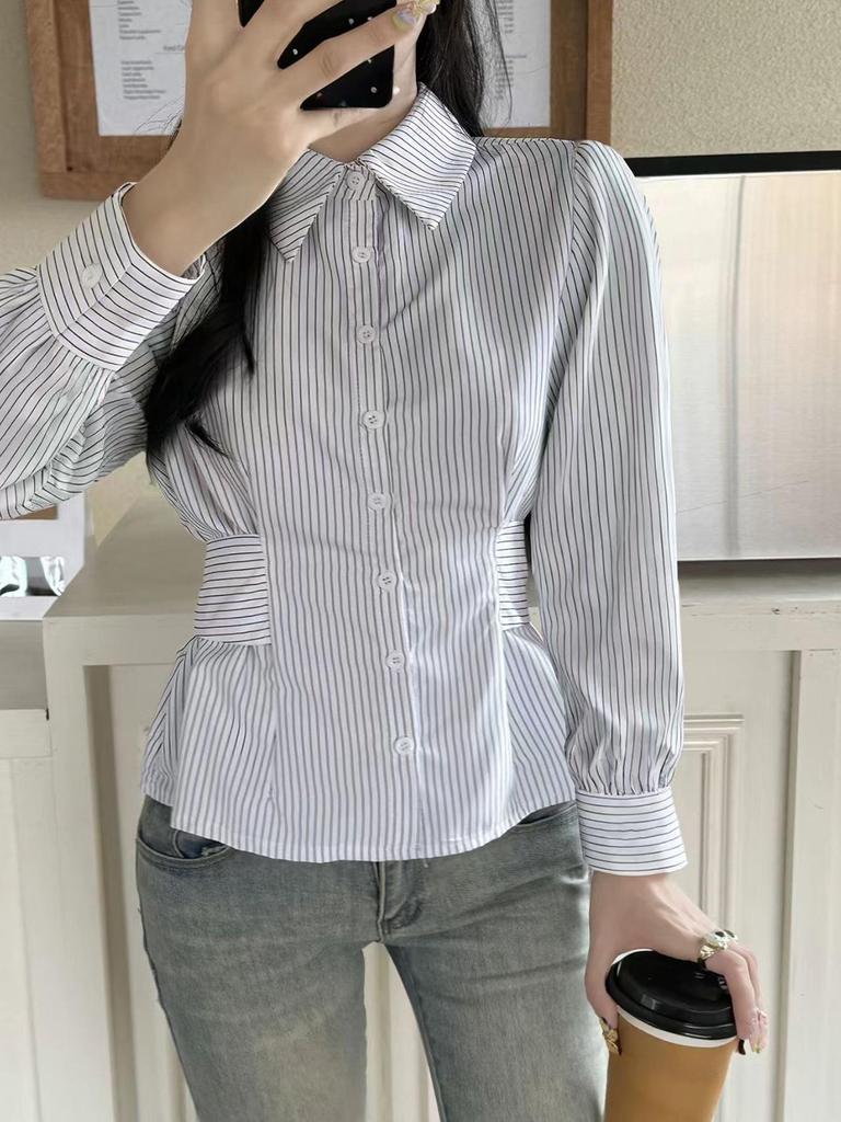 Kai Kuo European-American Style Y2K Waist-Cinching Striped Shirt for Women - New 2025 Autumn/Winter Collection