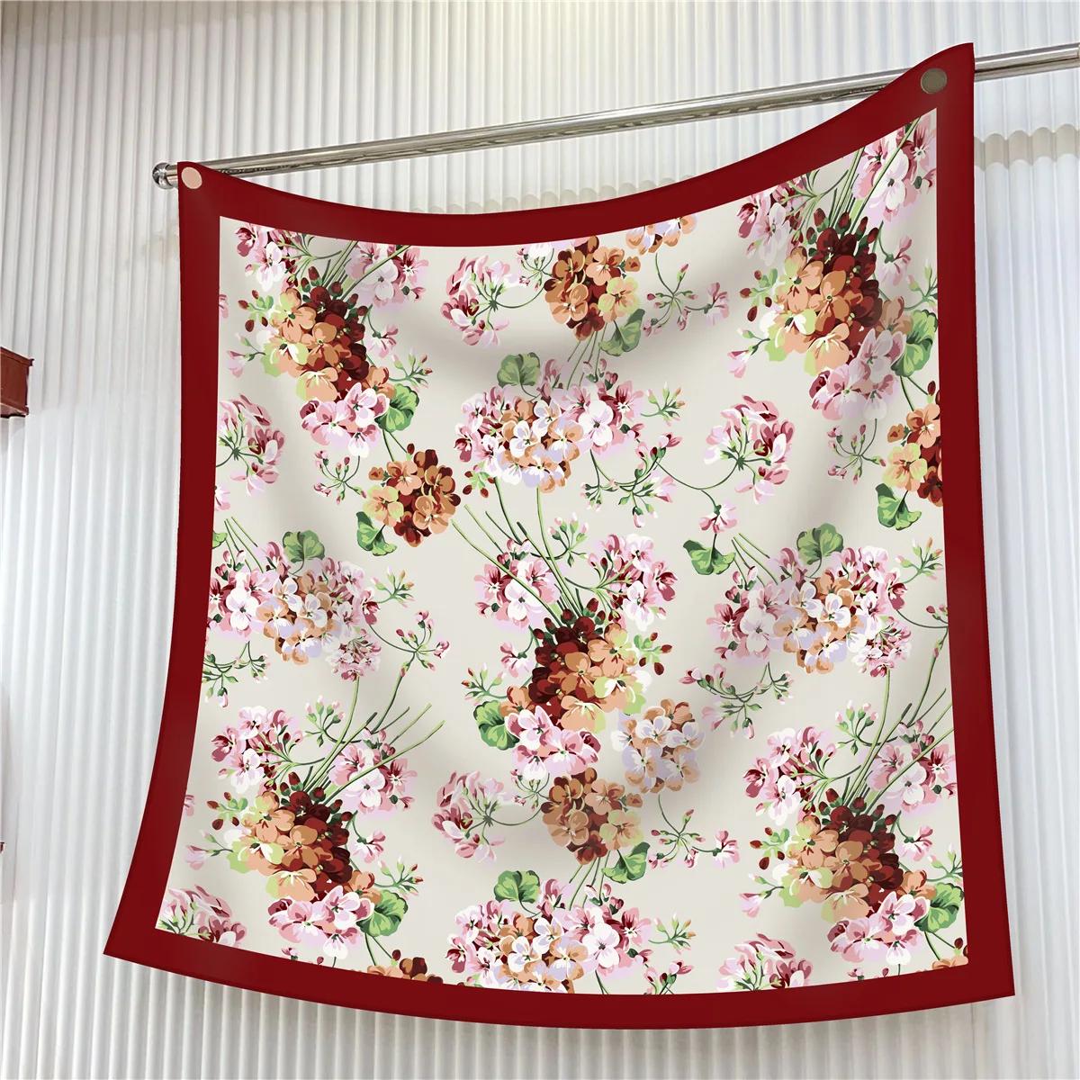 

New Flower Designer Scarves Twill Silk Large Square Scarf Women Travel Shawl Headscarf 90Cm Luxury Plant Flowers Geranium 90cm