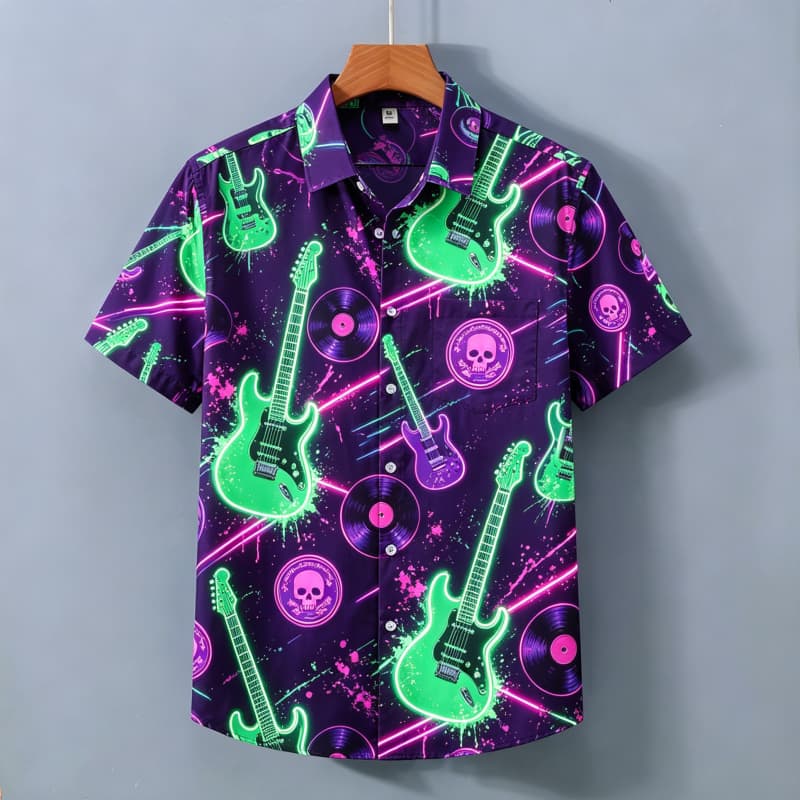 Herren Neon Print Hemd, Kurzarmhemd mit Taschen, Buntes Party-Atmosphäre Oberteil, Geeignet für den täglichen Gebrauch und den Urlaub