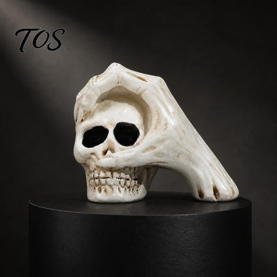 Dark Style Desktop Decoration Halloween Skull Hand Sculpture, Gothic Skeleton Head Figurine, Spooky Resin Creative Tricky Festival Gift for