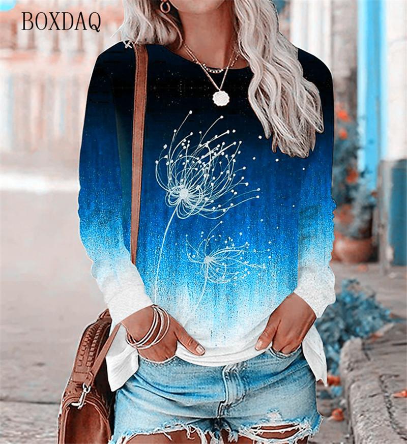 Dandelion Pattern Women's T-shirt Spring and Autumn Long Sleeve Gradient Round Neck Top