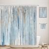 JAWO Abstract Shower Curtain - Gray Blue Beachy Stripes, Navy Tan Arabic Pattern, Modern Minimalist Fabric Bath Curtain Set