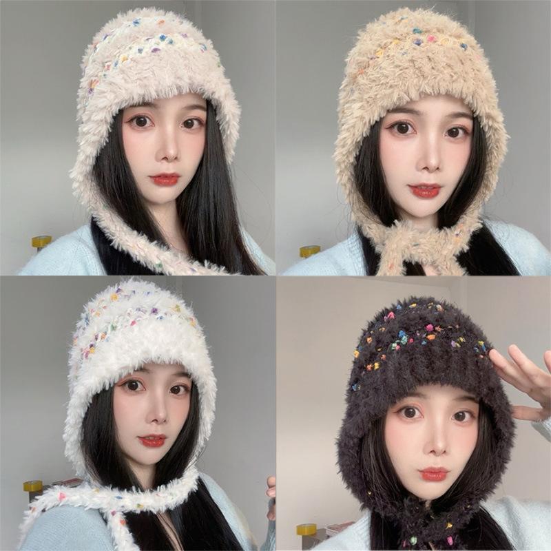 Tangy Bean Tassel Lace Up Plush Knitted Hat for Women In Autumn and Winter Japanese Sweet Cold Protection Ear Protection Hat