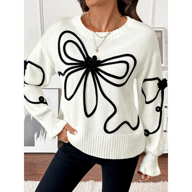 Elegant Tops for Women Streetwear Autumn New Fashion Three-dimensional Bow Round-neck Long Sleeves Pullover Sweater
