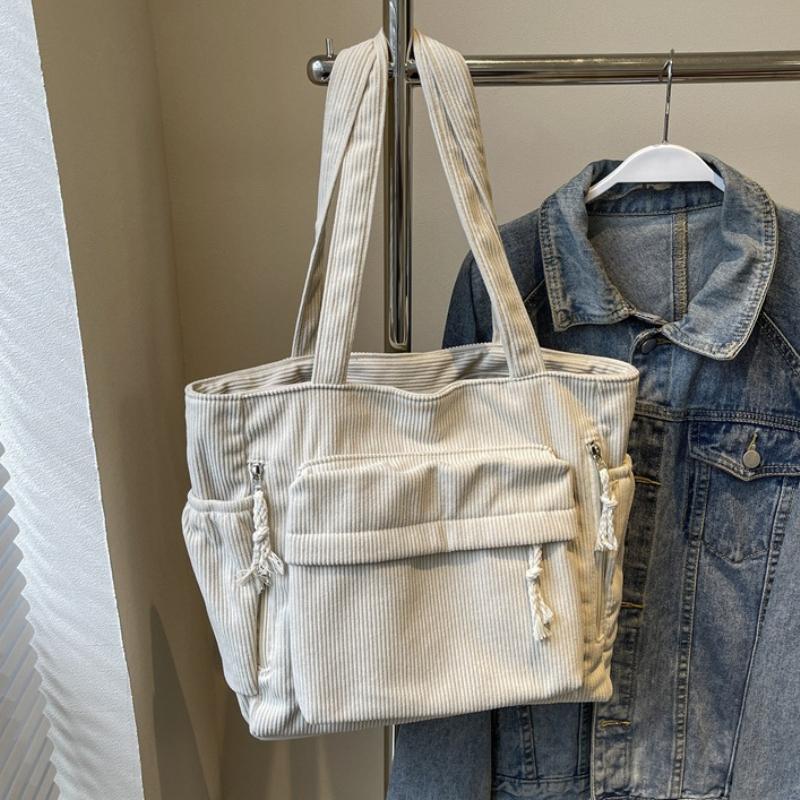 Multi-pocket Commuter Women's Corduroy Shoulder Bags Simple Casual College Girls Book Tote Vintage Solid Color Female Handbags