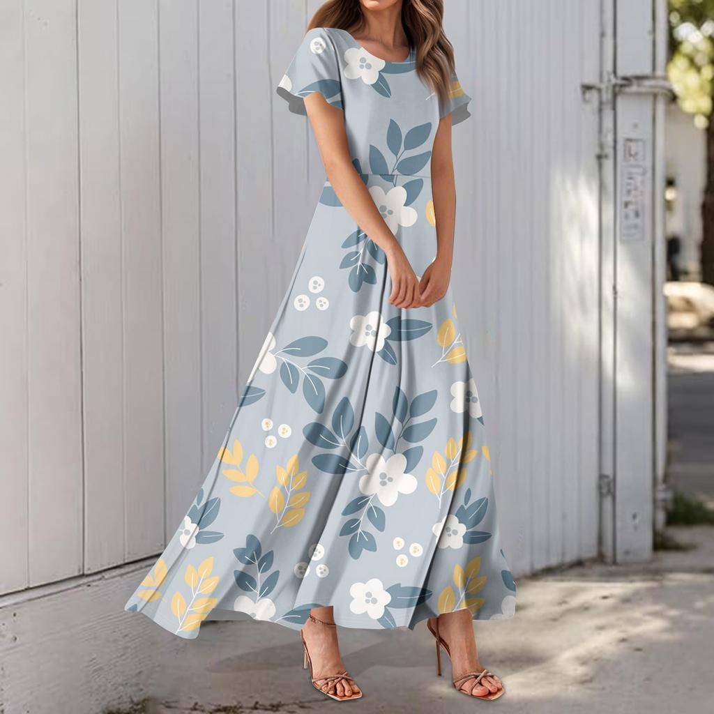 Damenkleid mit Hawaii-Print, lässig, Rundhalsausschnitt, kurzärmelig, hohe Taille
