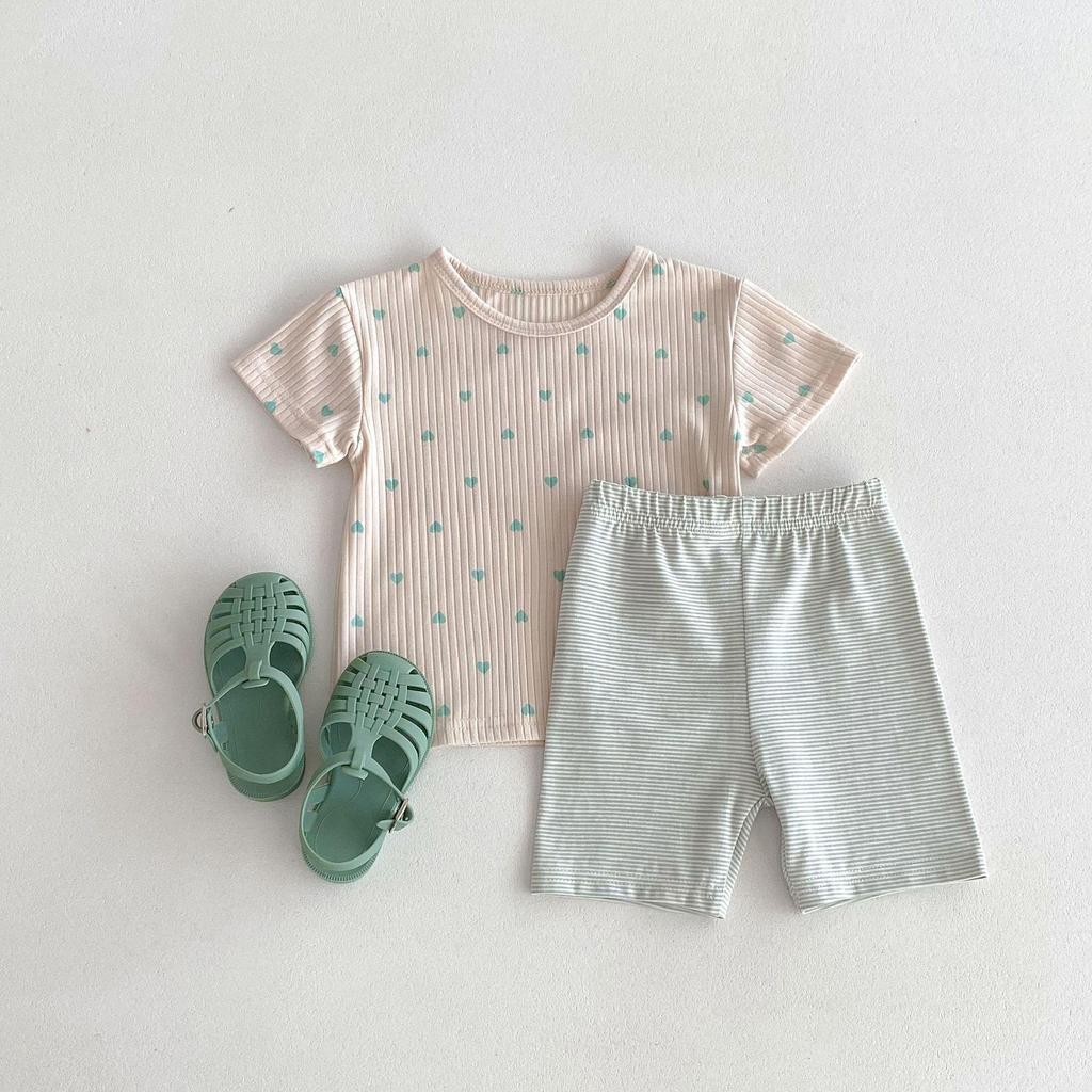 Short-Sleeve Heart T-Shirt & Striped Shorts Set