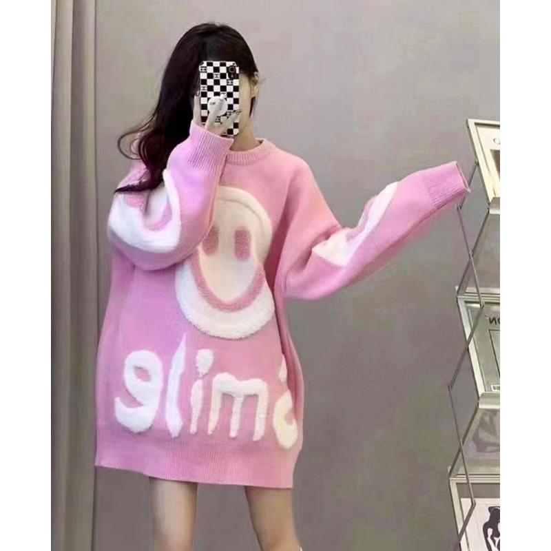 

Osaka loose sweater women s autumn and winter women s clothing fashion versatile commuter pullover medium and long smiley face crew neck knitted top one size fits all