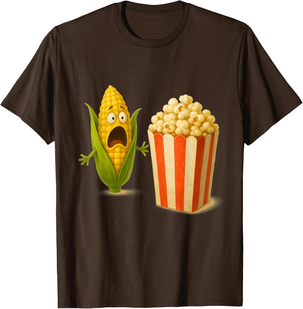 Funny Screaming Corn Popcorn Horror Food Humor Graphic Tee Casual Cotton T-Shirt for Men Women