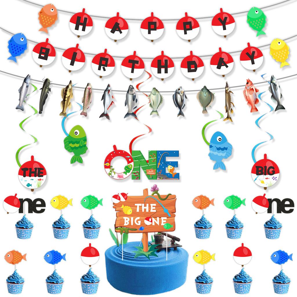 Retirement-Themed Birthday Party Decoration Banner Fishing Birthday Flag Small Fish Spiral Pendant